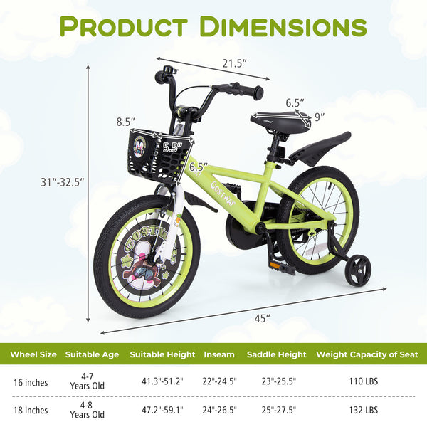 16-inch kids bike with adjustable seat and detachable training wheels for ages 4-8, shown from angle 4.
