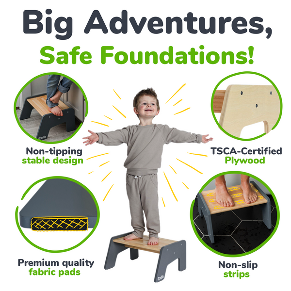 Multi-purpose wooden stool for kids, ideal for potty training, kitchen, and bath use. Angle 7 view.