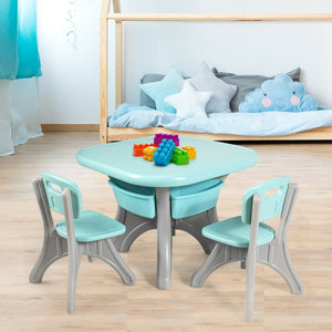 Colorful 3-piece plastic play table and chair set for kids, perfect for indoor and outdoor use. Angle 13 view.