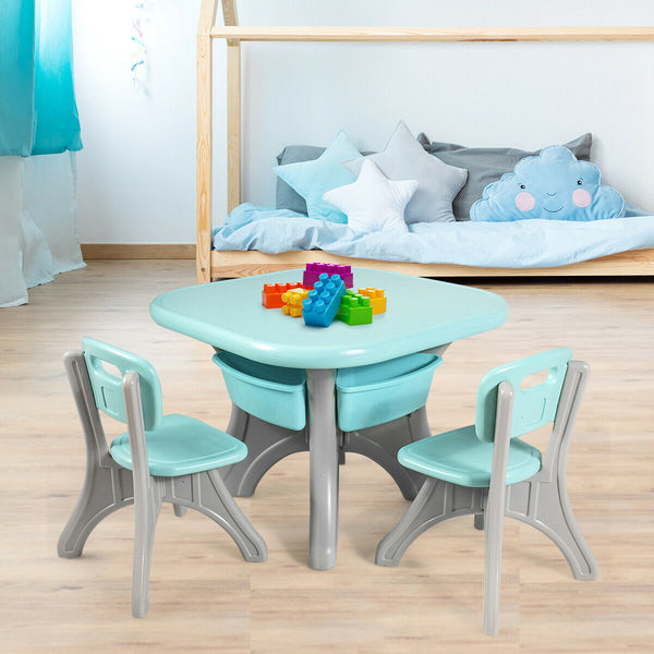 Colorful 3-piece plastic play table and chair set for kids, perfect for indoor and outdoor use. Angle 13 view.