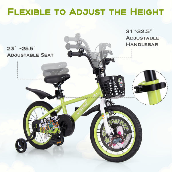 16-inch kids bike with adjustable height and detachable training wheels for ages 4-8, shown at angle 8.