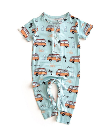 Bamboo jumpsuit for babies in Retro Beach design, perfect for stylish comfort.