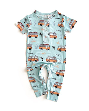 Bamboo jumpsuit for babies in Retro Beach design, perfect for stylish comfort.