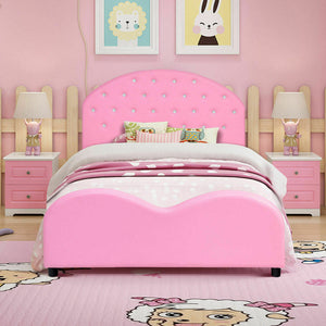 Twin size upholstered toddler bed with wood slat support, angled view showcasing design and comfort for kids' sleep.
