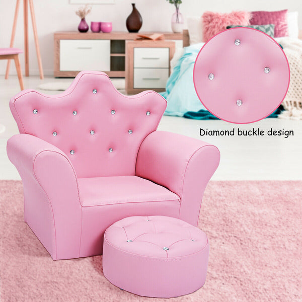 Pink kids sofa with armrests and ottoman, perfect for children's rooms and play areas. Angle view showcasing design.
