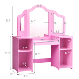 Kids tri-folding mirror makeup vanity table set for stylish playtime and dressing fun.