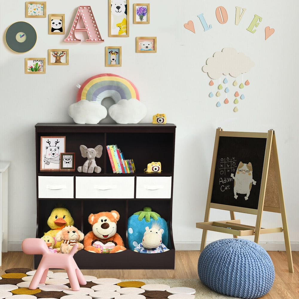 Freestanding Combo Cubby Bin Storage Organizer Unit with 3 baskets for baby room organization.