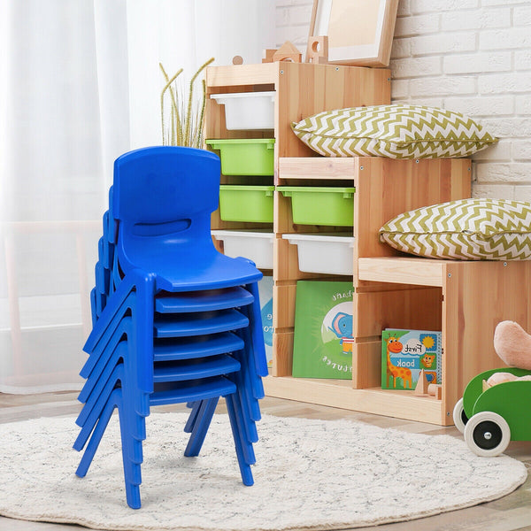 Colorful 6-pack stackable plastic chairs for kids, perfect for classrooms and playrooms, shown at an angle.