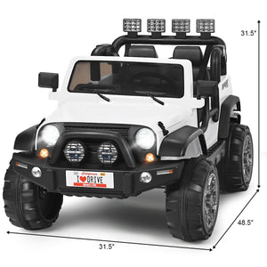 12V 2-seater ride-on car truck with remote control and storage, perfect for kids' outdoor fun.
