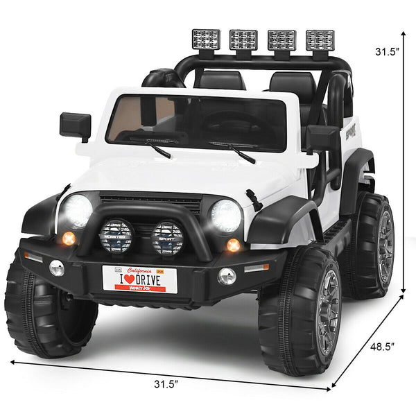 12V 2-seater ride-on car truck with remote control and storage, perfect for kids' outdoor fun.