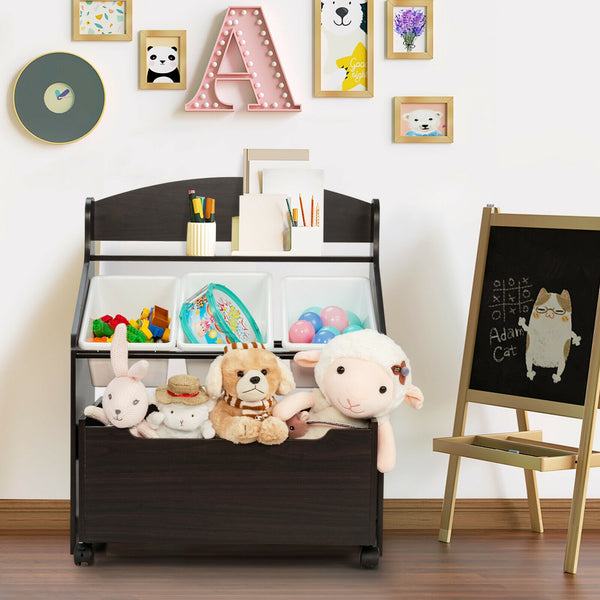Kids wooden toy storage unit with rolling toy box and plastic bins, perfect for organizing playroom essentials.
