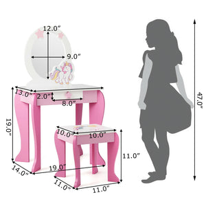 Kids wooden makeup dressing table and chair set with mirror and drawer, perfect for imaginative play. Angle 5 view.