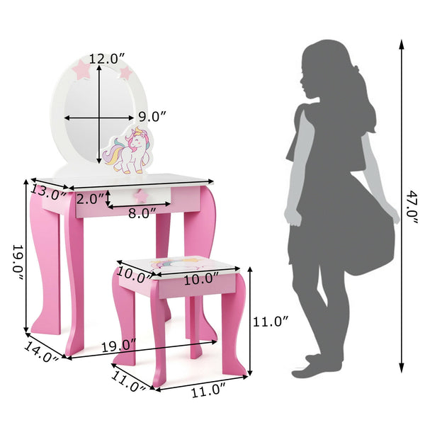 Kids wooden makeup dressing table and chair set with mirror and drawer, perfect for imaginative play. Angle 5 view.