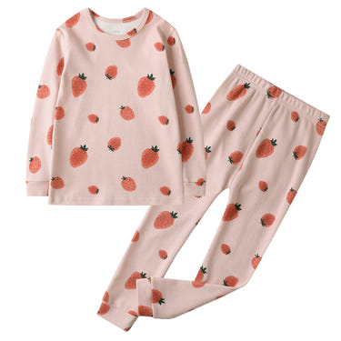 100% Organic Cotton Toddler 2 Piece Pajama Set in Pink Strawberry - Soft, comfy sleepsuit for kids.
