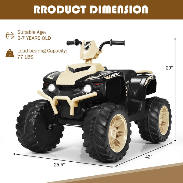 12V kids ride-on ATV with LED lights, treaded tires, and fun design, perfect for outdoor adventures.