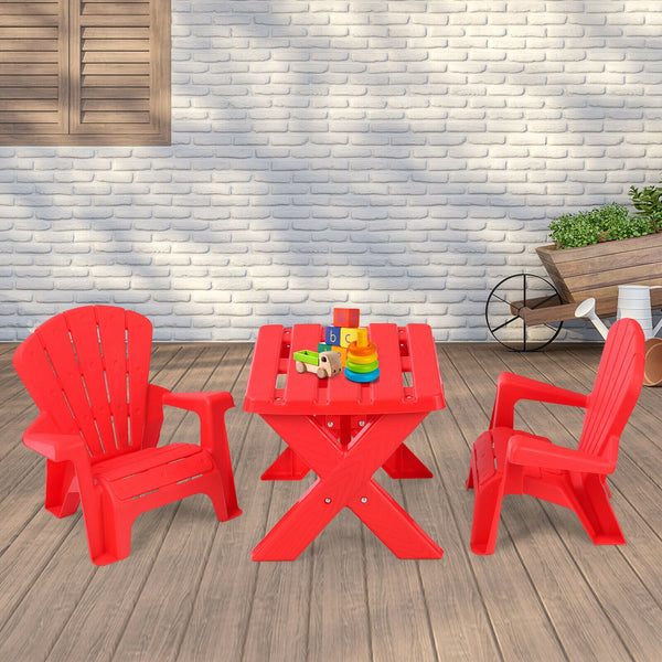 3-piece plastic children table and chair set for kids, angled view showcasing vibrant colors and sturdy design.