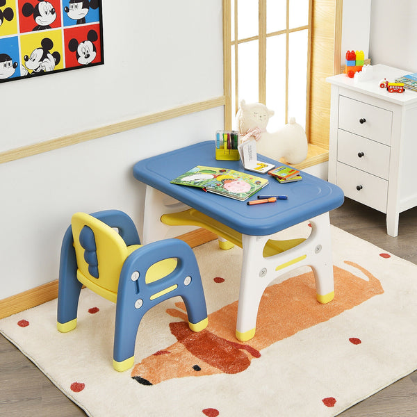Kids activity table and chair set with Montessori toys for preschool and kindergarten, angle view.