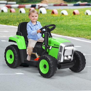 12V ride-on tractor with 3-gear shift and ground loader for kids aged 3+, perfect for outdoor play and fun.