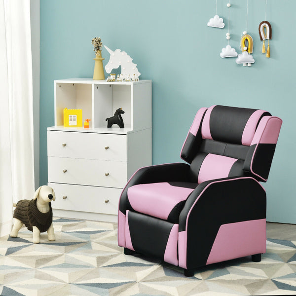 Kids PU leather gaming sofa recliner with headrest and footrest, perfect for comfortable play and sleep.