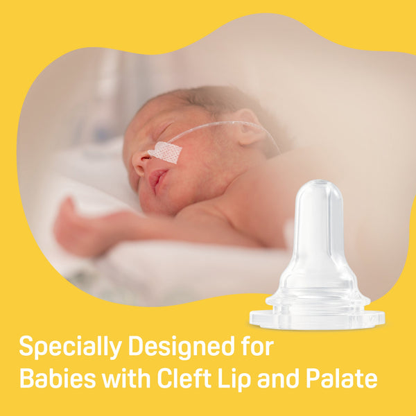 Bottle nipple for cleft lip/palate babies, regular size, shown from angle 3 for easy feeding.