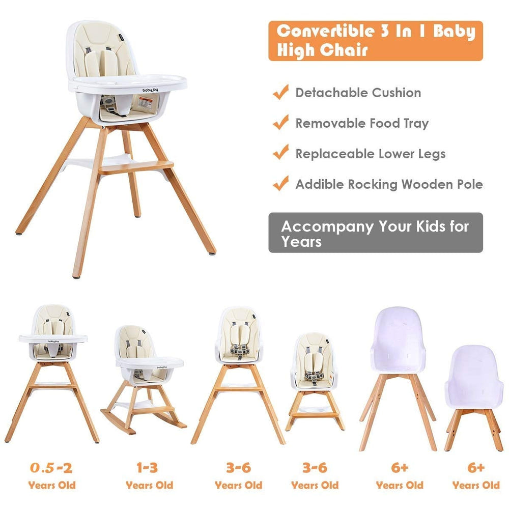 3-in-1 Convertible Wooden Baby High Chair in Beige - versatile and stylish for your little one's mealtime.