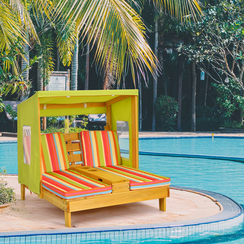 Kids patio lounge chair with cup holders and awning for outdoor play, perfect for little ones to relax in the sun.