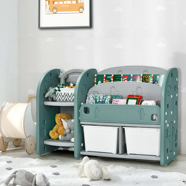 Kids toy storage organizer with 2-tier bookshelf and colorful plastic bins for tidy playrooms and bedrooms.