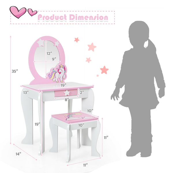 Kids wooden makeup dressing table and chair set with mirror and drawer, perfect for imaginative play.