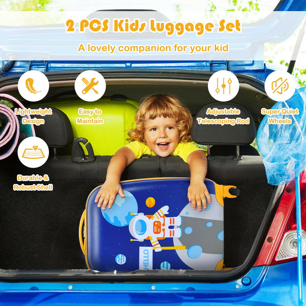 Green ABS kids suitcase set, 12-inch and 16-inch, perfect for travel. Stylish and durable luggage for babies and kids.