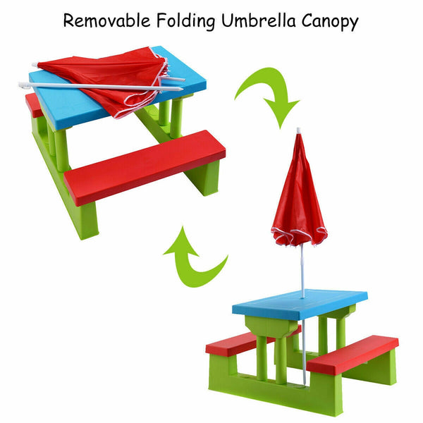 Kids picnic folding table and bench set with umbrella, perfect for outdoor play and family gatherings.