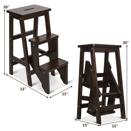 3 Tier Step Stool 3 in 1 Folding Ladder Bench-Brown