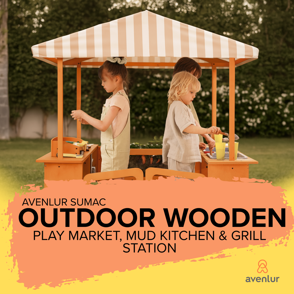 Avenlur Sumac Outdoor Wooden Play Market, Mud Kitchen & Grill Station for kids' outdoor play and creativity.