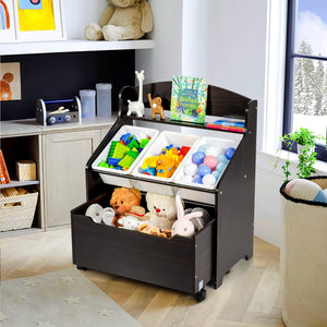 Kids wooden toy storage unit with rolling toy box and plastic bins, perfect for organizing playrooms.