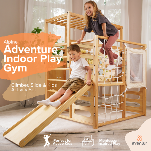 Alpine Adventure Indoor Play Gym: Climber, slide, and activity set for kids, shown from angle 2.