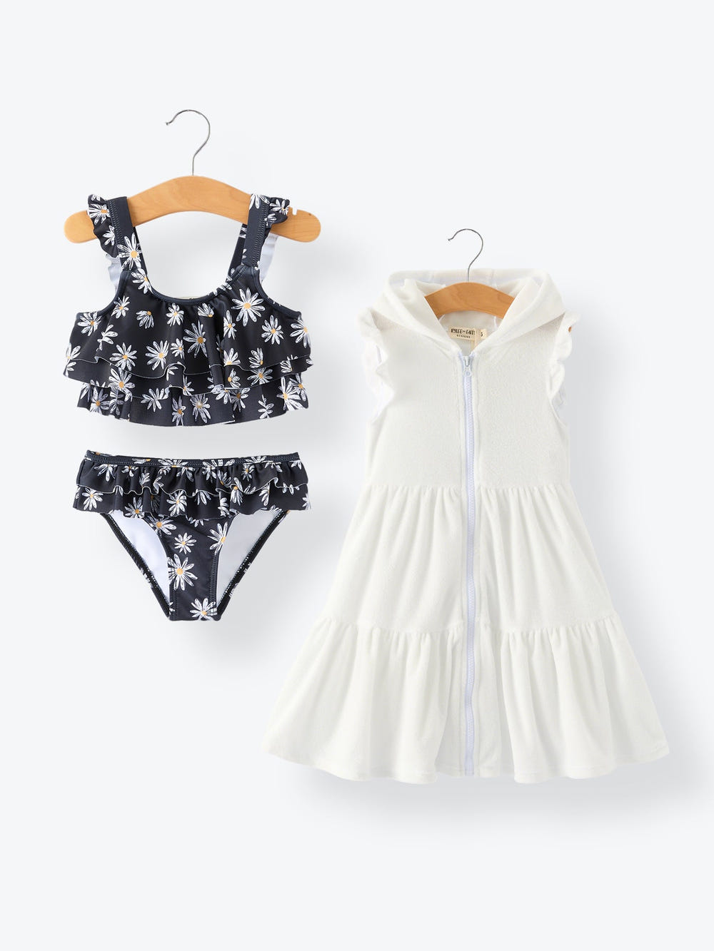 Summer Black Floral Girl Two Piece Swimsuit and Cover-up Set