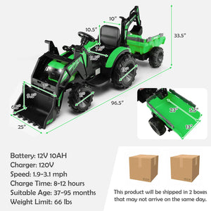 12V 3 in 1 Kids Ride On Excavator with shovel bucket and music, perfect for outdoor play and imaginative fun.