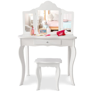 Kids makeup dressing mirror vanity table and stool set, perfect for imaginative play and stylish decor. Angle view.