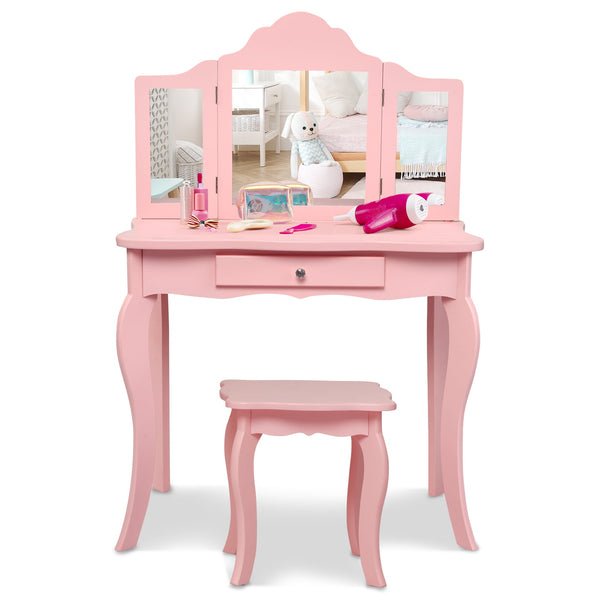 Kids makeup dressing mirror vanity table set with stool, perfect for little ones' playtime and creativity.
