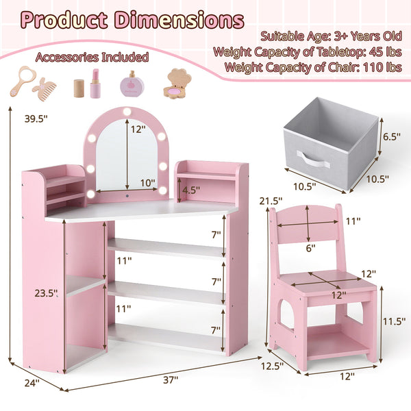2-In-1 Kids Vanity Set with Lights for Toddlers 3+ Years Old