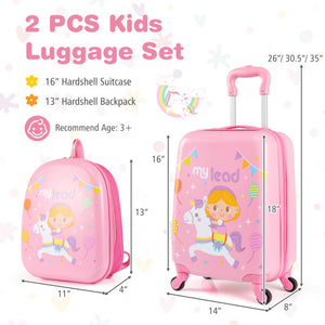 Pink 2 PCS kids luggage set with spinner wheels for boys and girls, shown at angle 4.