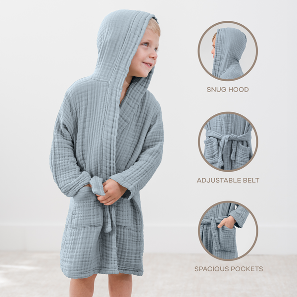 Muslin Bath Robe for Kids in Pacific Blue