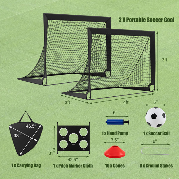 4 x 3 FT Portable Soccer Goals Set with Pitch Marker Cloth and Cones