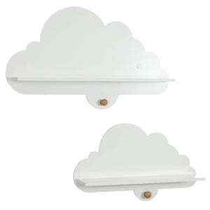 White floating cloud shelves for kids' room, wall-mounted storage display rack, angle view.
