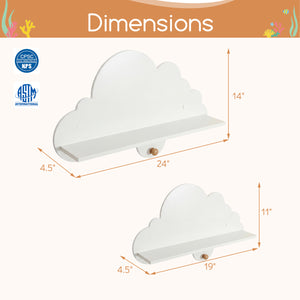 White floating cloud shelves for kids' room storage, wall-mounted display rack, two-piece set, angle view.