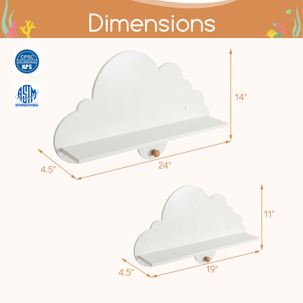 White floating cloud shelves for kids' room storage, wall-mounted display rack, two-piece set, angle view.