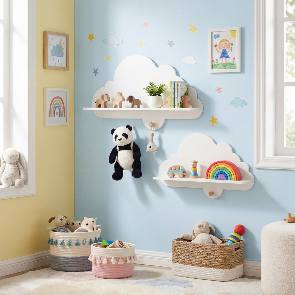 White floating cloud shelves for kids' room, wall-mounted storage display rack, 2-piece set.