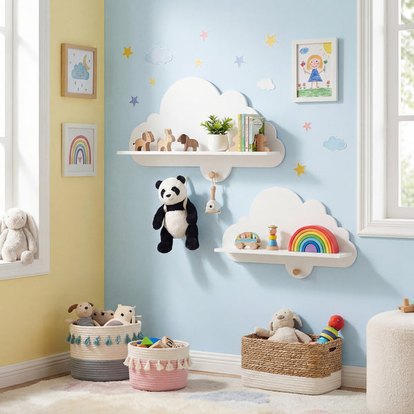 White floating cloud shelves for kids' room, wall-mounted storage display rack, set of 2, angle view.
