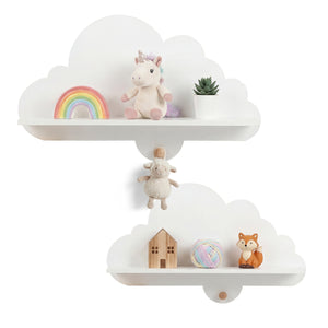 White floating cloud shelves for kids' room, wall-mounted storage display rack, angle view.