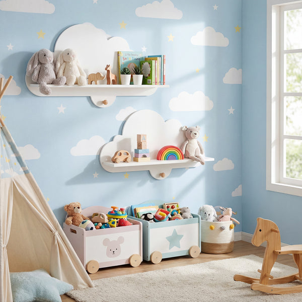 White floating cloud shelves for kids' room, wall-mounted storage display rack, 2 pieces, angle view.