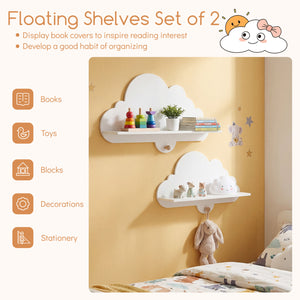 White floating cloud shelves for kids' room, wall-mounted storage display rack, 2 pieces, angle view.